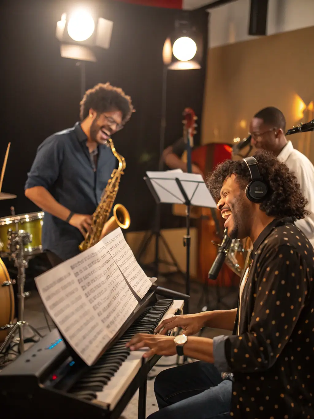 A dynamic image of a contemporary music ensemble rehearsing in a studio, highlighting ASSOCIATION BUBO BUBO PROD's support for innovative musical projects.