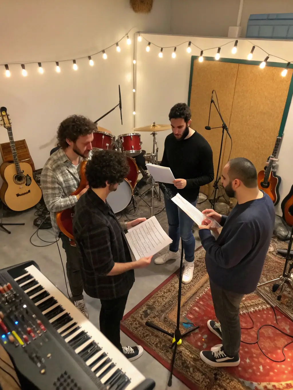 A diverse group of musicians participating in a collaborative workshop, surrounded by instruments and sheet music, showcasing the association's commitment to fostering musical talent.
