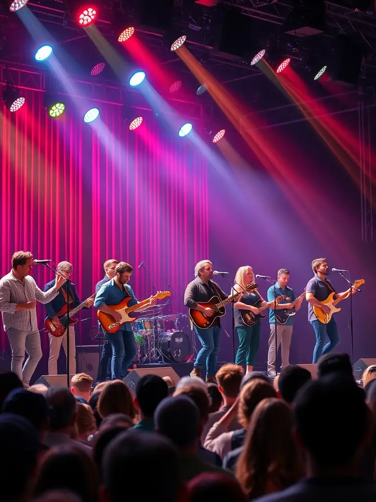A dynamic image of a contemporary music ensemble performing at an international festival, highlighting ASSOCIATION BUBO BUBO PROD's global reach.