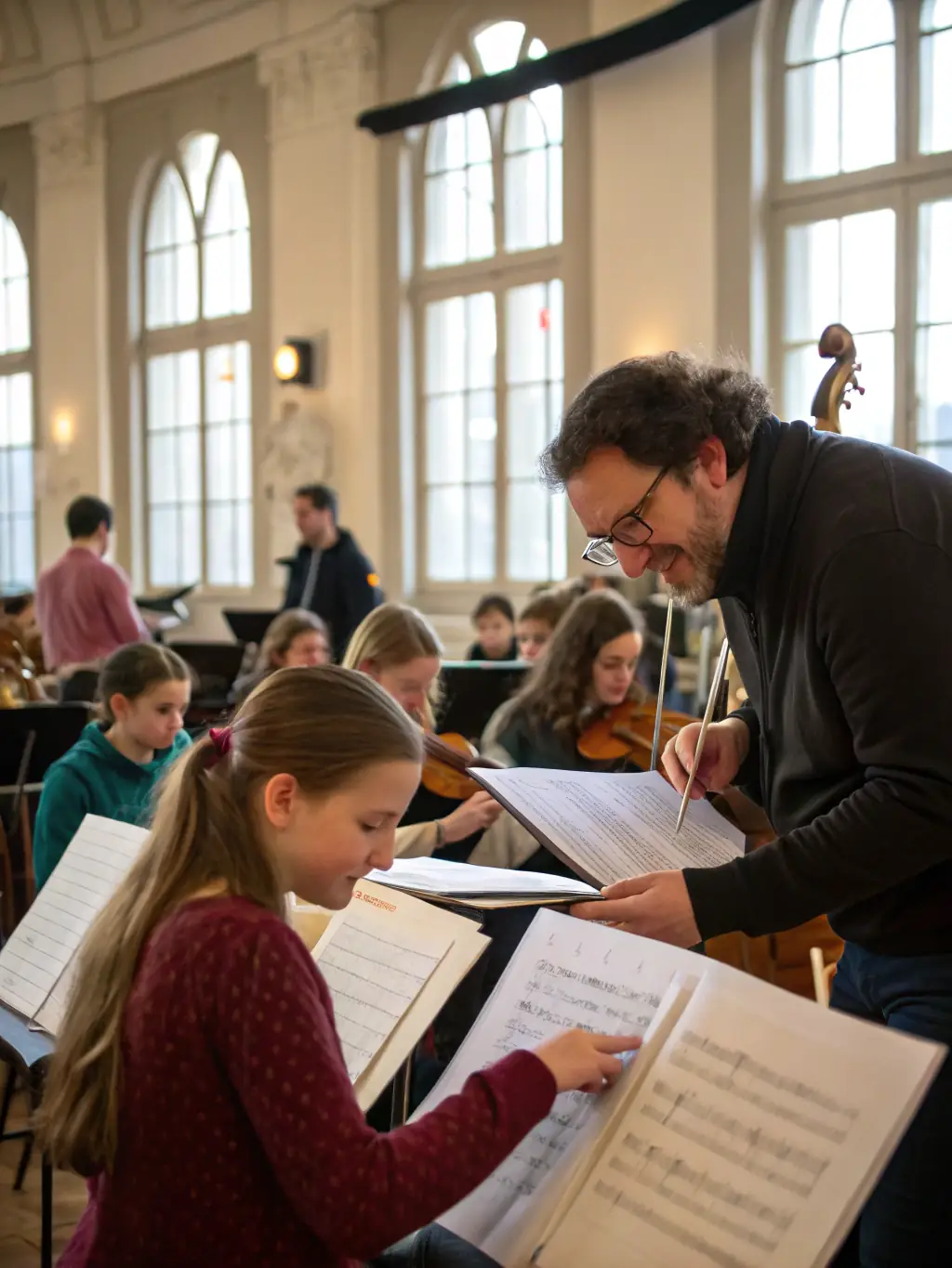 A photo of young musicians participating in a masterclass led by a renowned contemporary composer, emphasizing the association's dedication to artistic development.
