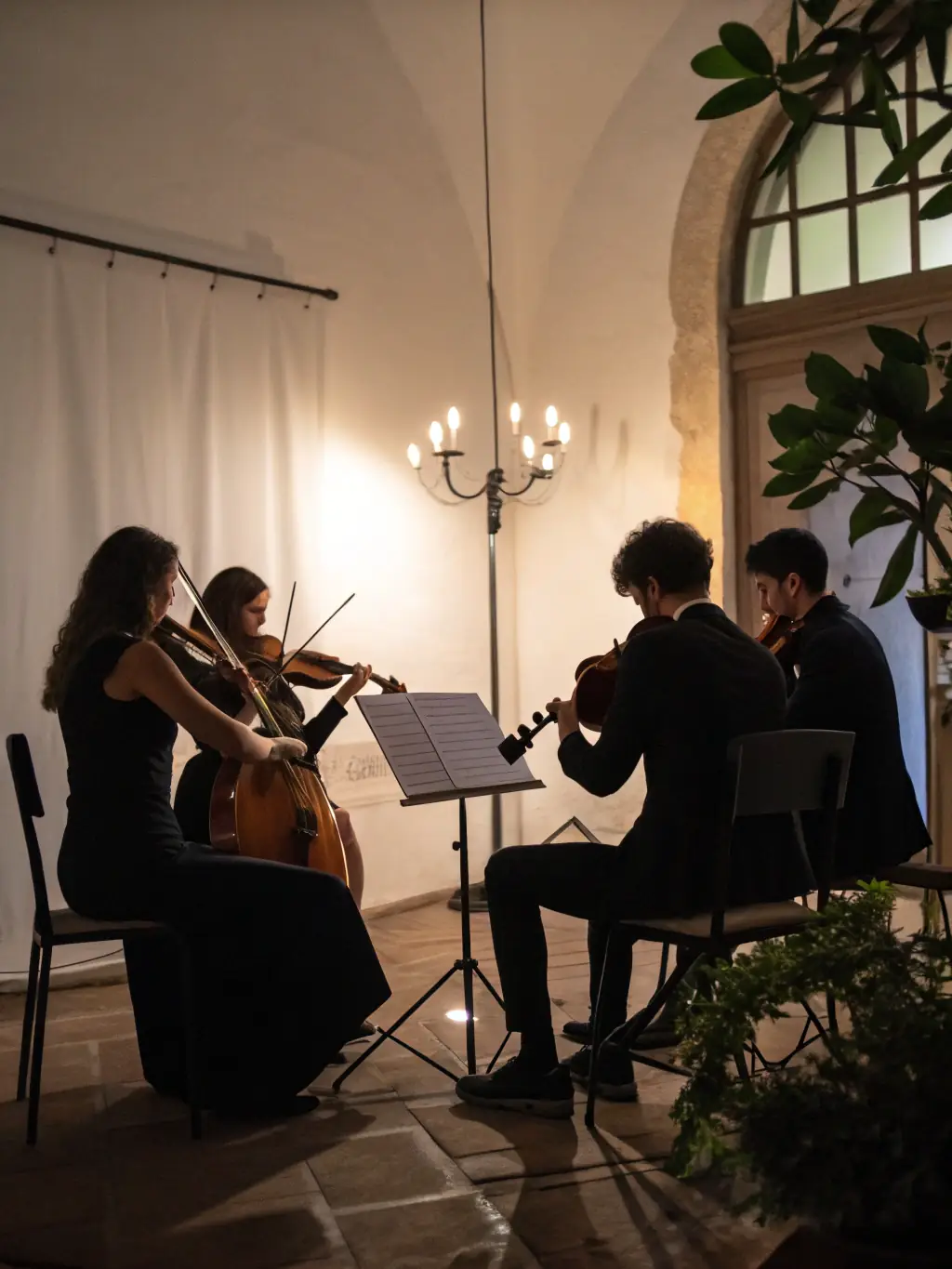 A vibrant image of a string quartet performing in a local community center, showcasing ASSOCIATION BUBO BUBO PROD's commitment to accessible music.